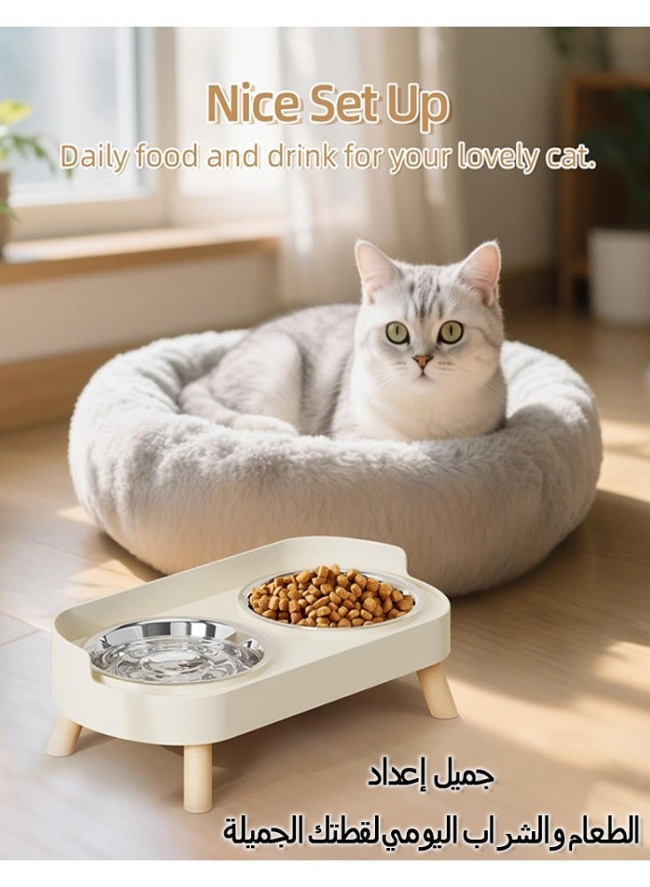 SOGAR SHAMO ارتفع وعاء القط ، رفع وعاء القط الغذاء والماء مجموعة للقطط الداخلية ، دليل الرش مع 2 وعاء الغذاء الحيوانات الأليفة من الفولاذ المقاوم للصدأ للقطط والجرر ، غسالة صحون آمنة بيج - Image 4